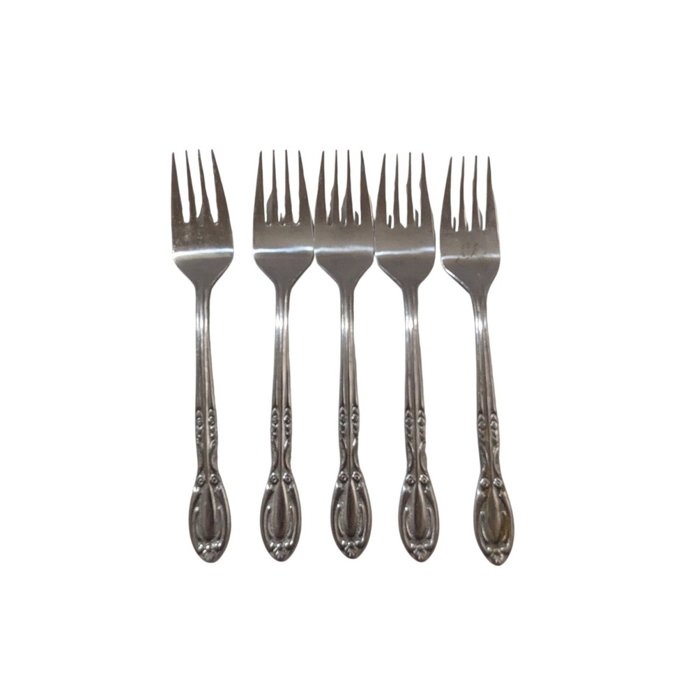 National Stainless Japan Floral Salad Forks Set of 5 Silver Tone Flatware 6.25in